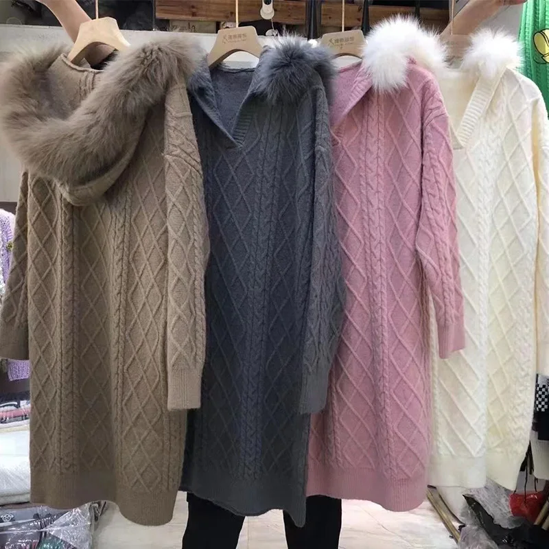 

Women's Pullover 2022 New Blended Knit Medium Length Sweater Fox Hair Hooded Long Sleeve Long Sweater Free Shipping