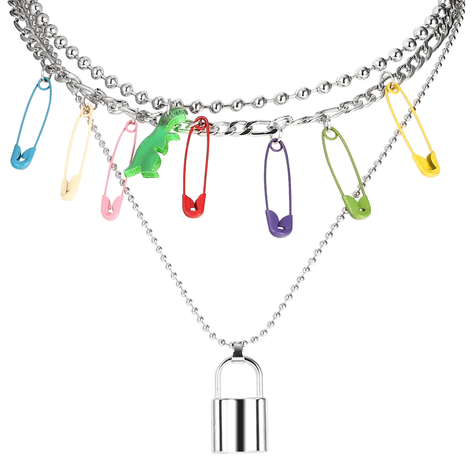 

1pc Round Beads Multilayer Fashionable Punk Necklace Padlock Necklace Chain Choker for Girls Ladies