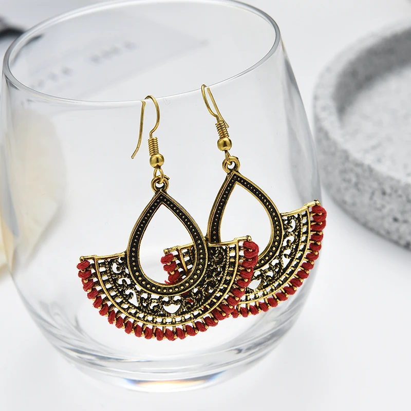 

Bohemian Geometric Hollow Drop Dangle Earrings For Women Rope Wrap Red Black Blue Vintage Earrings Antique Gold Color Jewelry
