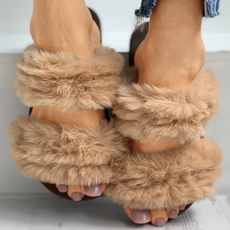 

House Furry Women Slippers Trend Plush Warm Ladies Winter Shoes Slip on Flats Solid Home sandals Women Faux Fur slides platform
