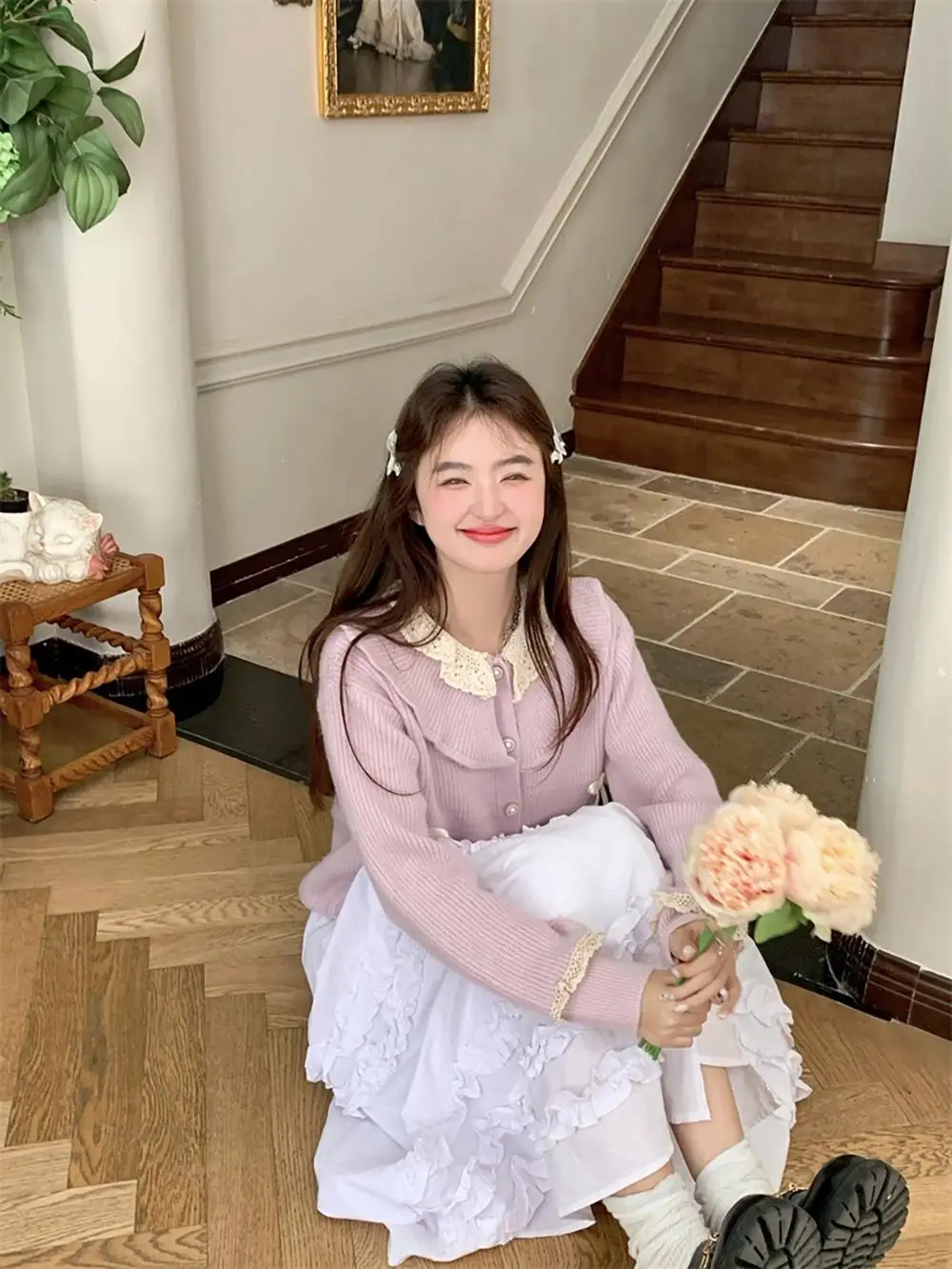 Fan Wenwen Cheese Taro кукольный воротник лоскутный вязаный кардиган женский осенний