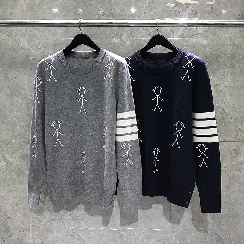 

TB THOM Men's Wool Sweater Knitting Stickman Graphic Design Pullover O-neck Tops Luxury Clothing for Men 4 Bars Quality Clothes