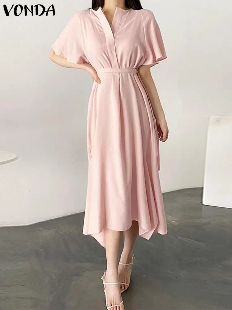 

VONDA Asymmetrical Shirt Dress Women Summer Short Sleeve Belted Party Sundress 2023 Elegant O-Neck Casual Solid Color Midi Robe