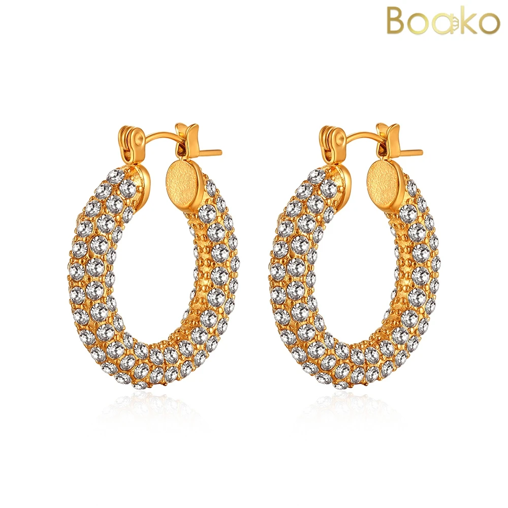 

BOAKO Luxury Micro Shiny Cubic Zirconia Stainless Steel Hoop Huggie Earrings Stylish Charm Korean Style Earrings Jewelry Women