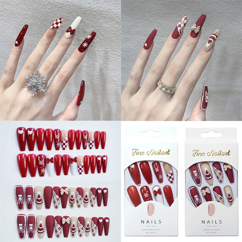 

24PCS/box Press On Tips Nails Coffin False Nails Christmas Red Full Cover Long Square French Ballerina DIY Manicure Tool