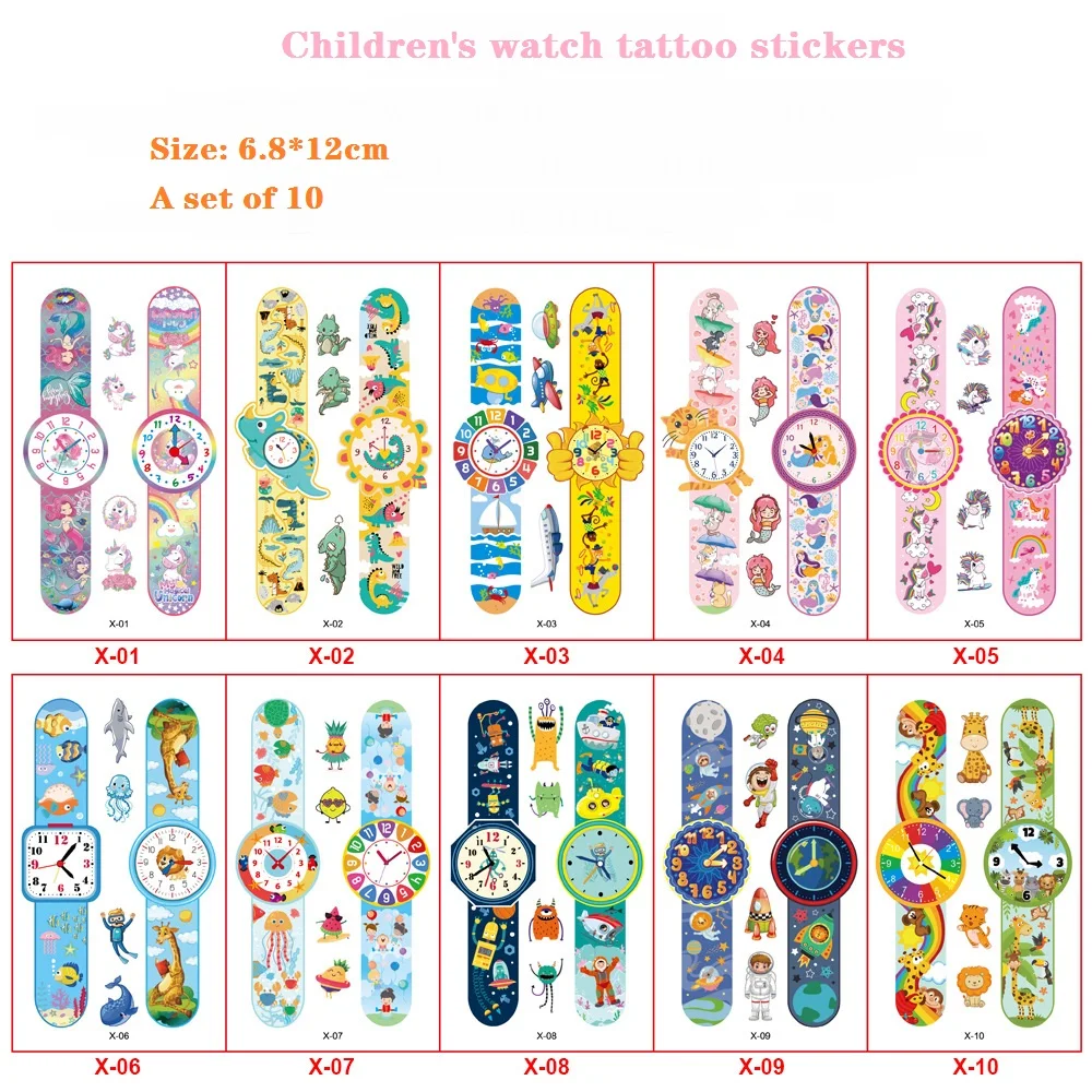 

10Pcs/Set Children Arm Face Watch Tattoo Sticker Girls Boys Temporary Tattoo Stickers Waterproof Cartoon Watch Party Stickers