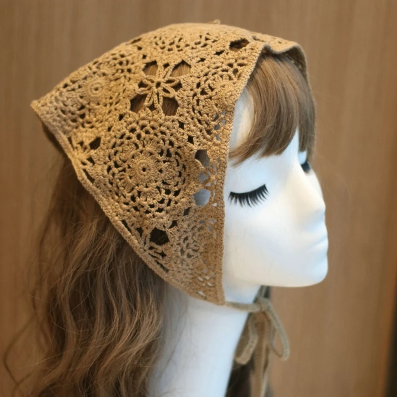 

Floral Hair Bandana Knitted Head Kerchief Women Bandana Handmade Crochet Hair Scarf Triangled Headband with Ties