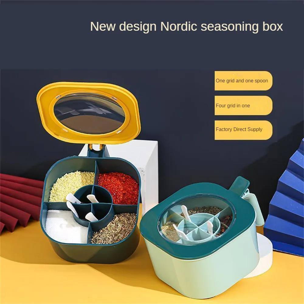 

4 In 1 Seasoning Storage Box with Spoons Spice Jar Multi Compartment Herb Spice Jars Condiment Container Kitchen Storage Box