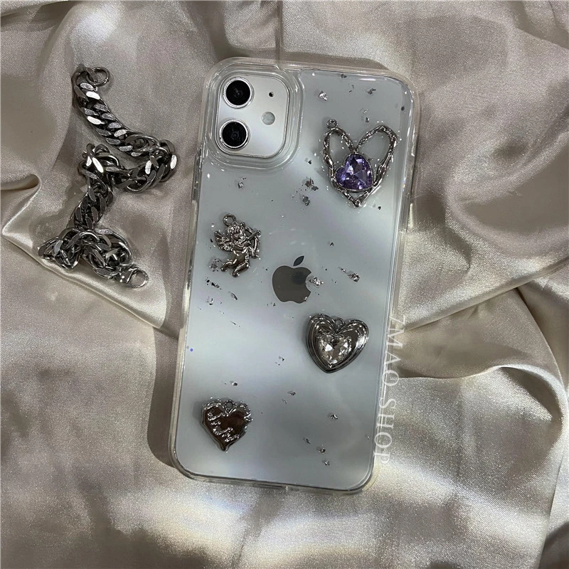 Retro Shining Cupid Love Heart Case For Iphone 14 13 12 11 Pro XS Max X XR Ultra-thin Glitter 3D Epoxy Transparent Soft Cover