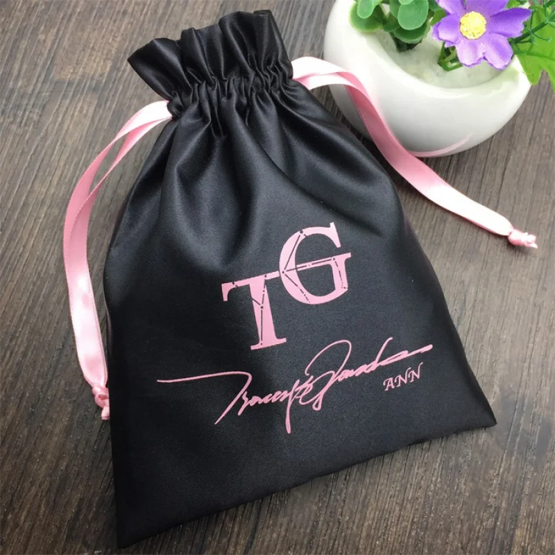 

Custom Custom Luxury Black Thick Silk Satin Drawstring nag Bundle Dust Hair Extension Bag with Logo Printing satin bag