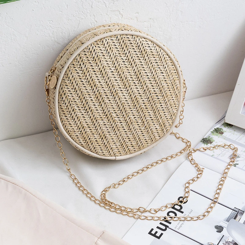 

Fresh Pastoral Grass Woven Small Round Handbag Autumn and Winter 2022 Chain Single Shoulder Bag Contrast Color Women's Bag