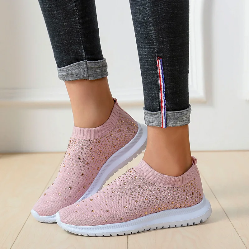 New Women Sneakers Rhinestone elastic socks shoes Mesh Platform Shoes White Breathable Socofy Casual Shoes Women Flats Shoes
