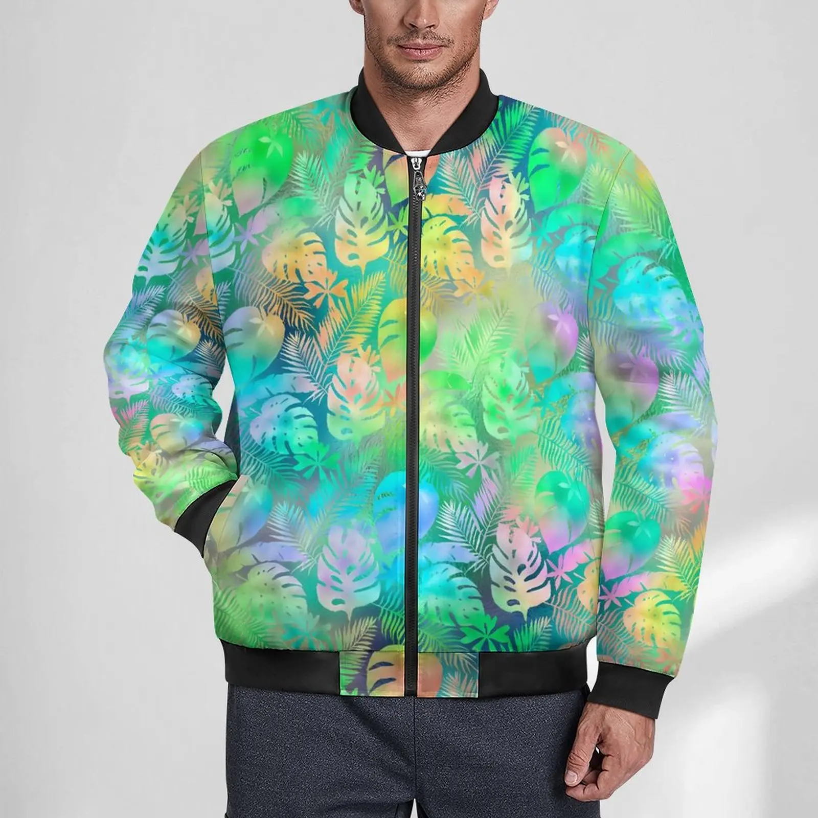 

Tropical Casual Jackets Men Colorful Palm Leaves Coats Autumn Street Fashion Jacket Waterproof Design Windbreak Plus Size