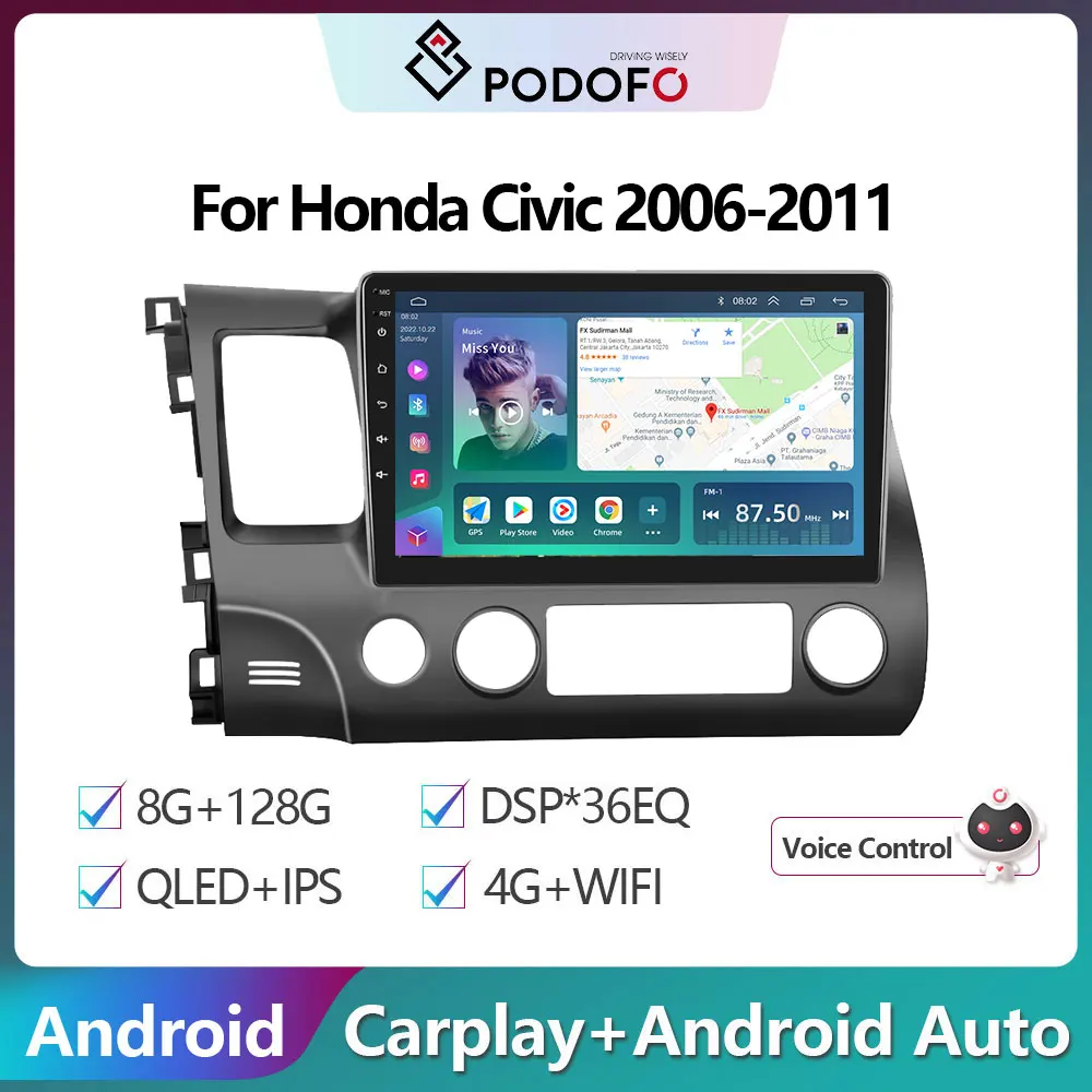 Автомагнитола Podofo 4G WIFI Android для Honda Civic 2006-2011 8 ядер 8 + 128G Carplay Android Авто GPS мультимедийный плеер DSP стерео