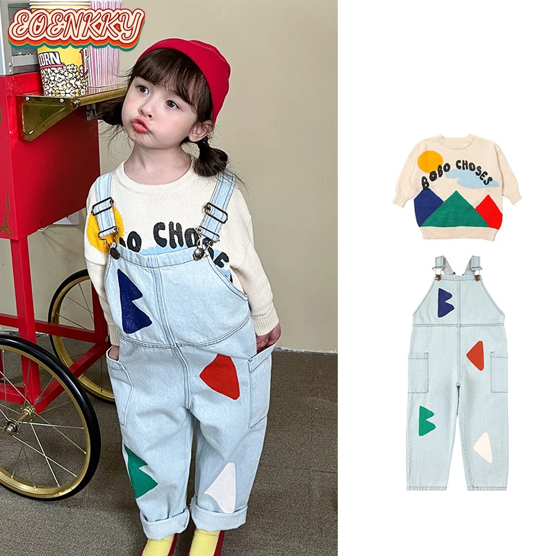 Детские джинсовые комбинезоны для девочек комплекты свитеров хлопковые с