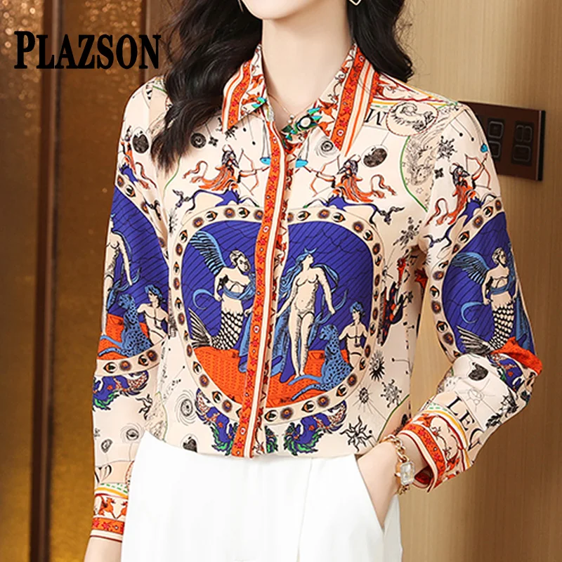 

PLAZSON Luxury Print Shirts Women Long Sleeve Lapel Silk Blouses Single-breasted Elegant Slim Office Lady Tops сорочка женская