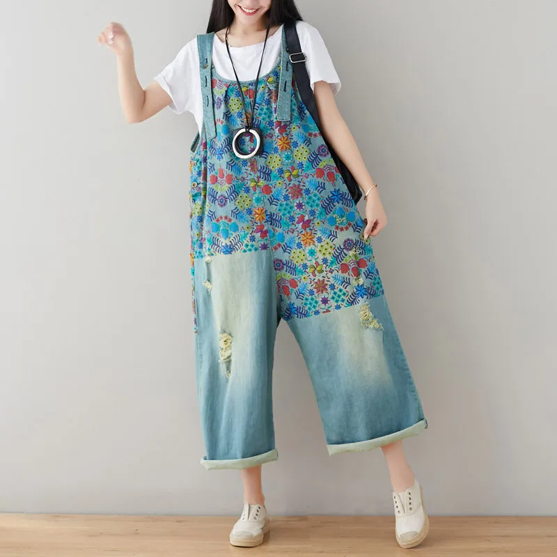 Printed Denim Pants Wide Leg Strap Trousers Women's Clothing 2023 New Worn White Broken Holes Jeans Japanese Korean Leisure