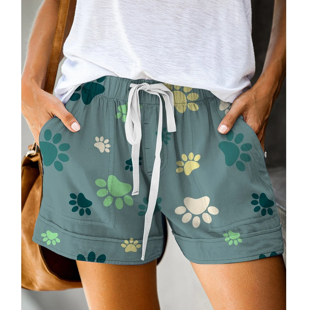 High Waist Women Shorts Side Pockets Casual Cute Animal Paw Print Printed Elastic Waist Loose Drawstring Lady Street Shorts