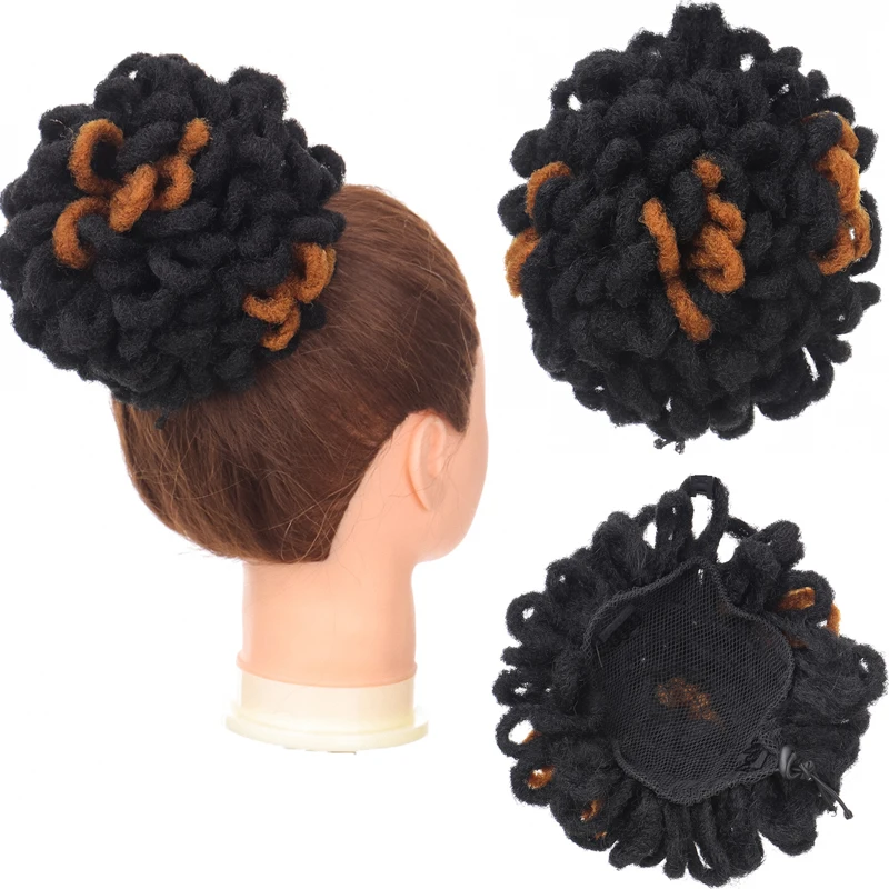 MANWEI Afro High Puff Drawstring Ponytail Hair Bun Hairpieces Faux Locs Clip In Pony Tail Synthetic Hair Buns For Black Women