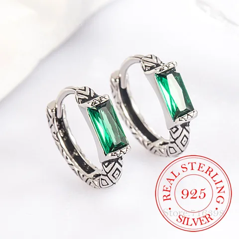 Серьги-кольца из стерлингового серебра 925 пробы, винтажные текстурированные серьги-кольца с зеленым камнем для женщин, ювелирные изделия для свадебной вечеринки, подарок Pendientes Mujer Moda