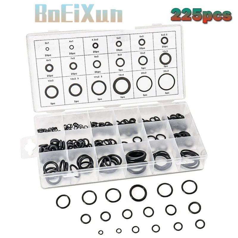 

225Pcs Rubber O Ring Oil Resistance Washer Seals Watertightness Assortment Different Size With Plactic Box O-Ring Diy Kit Set