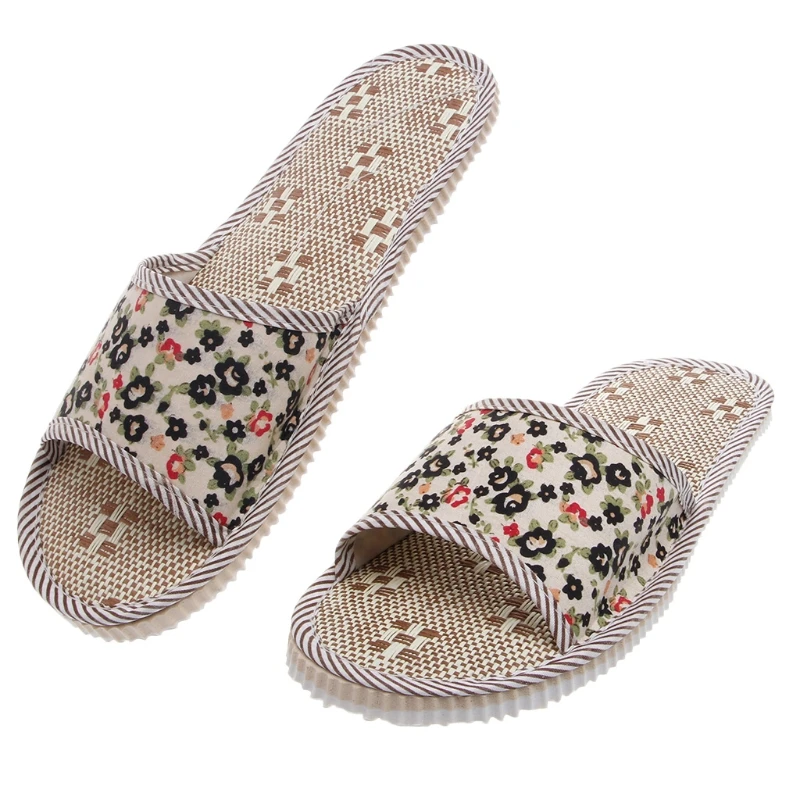 

Women/Men Linen Floral Home Indoor Slipper Open Toe Flax House Flat Slippers