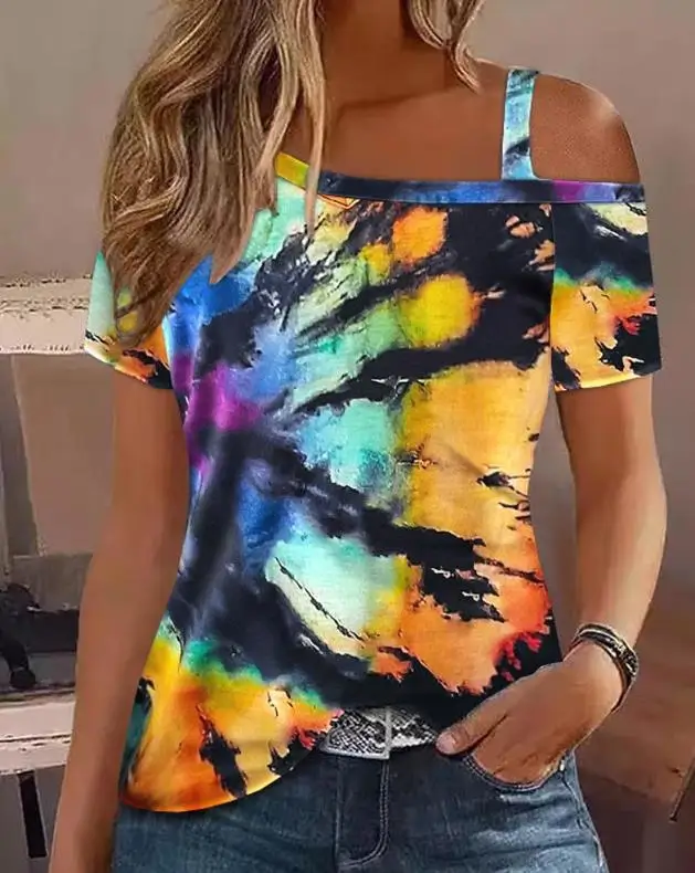 

Fashion New Women Top 2023 Summer European & American Women's T-Shirts Female Tie Dye Print Cold Shoulder T-Shirt