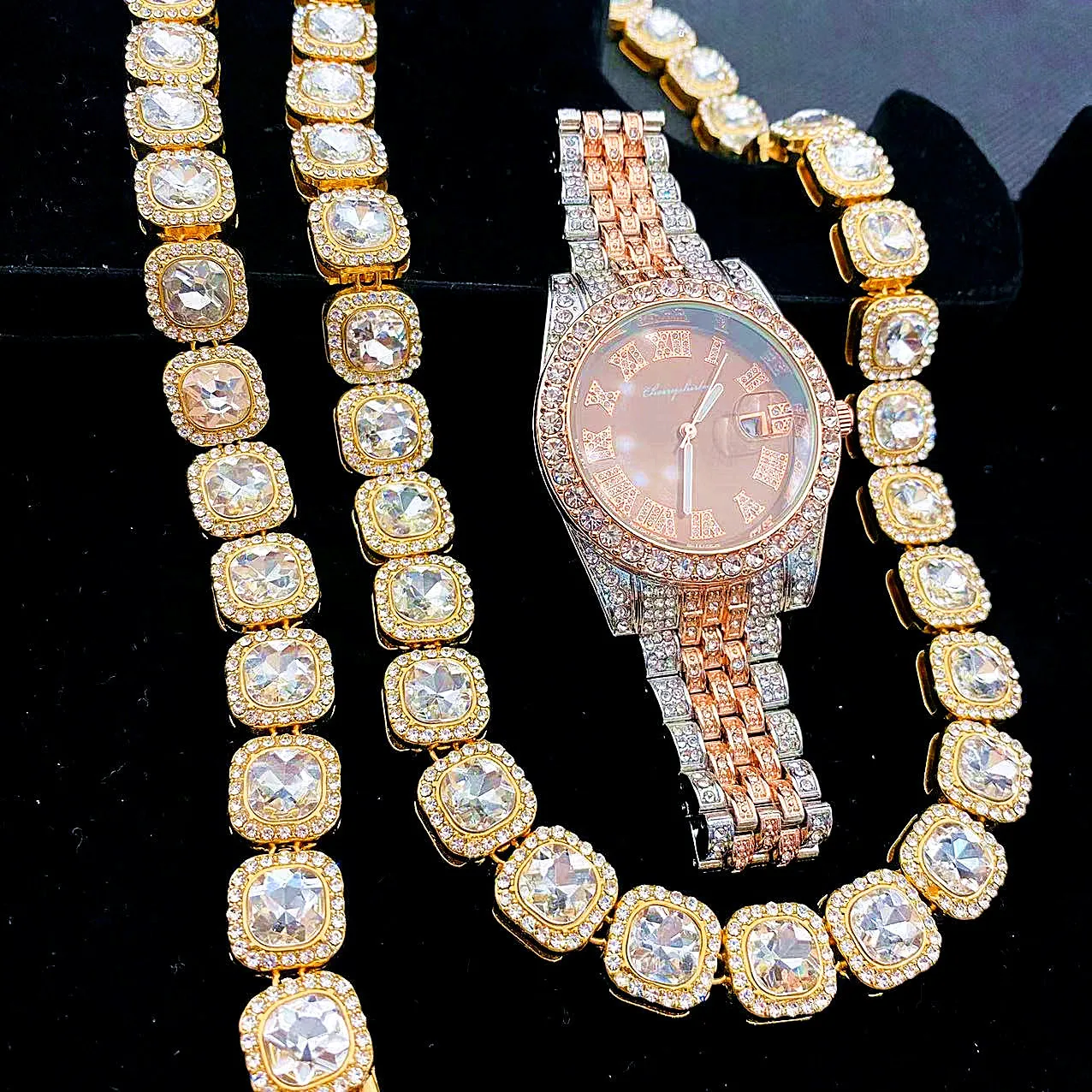 3pcs Hip Hop Rapper Rock Full Iced Out Watches Mens Gold Tennis Link Chain Bracelet Necklace Bling HipHop Jewelry Women's Set - купить по