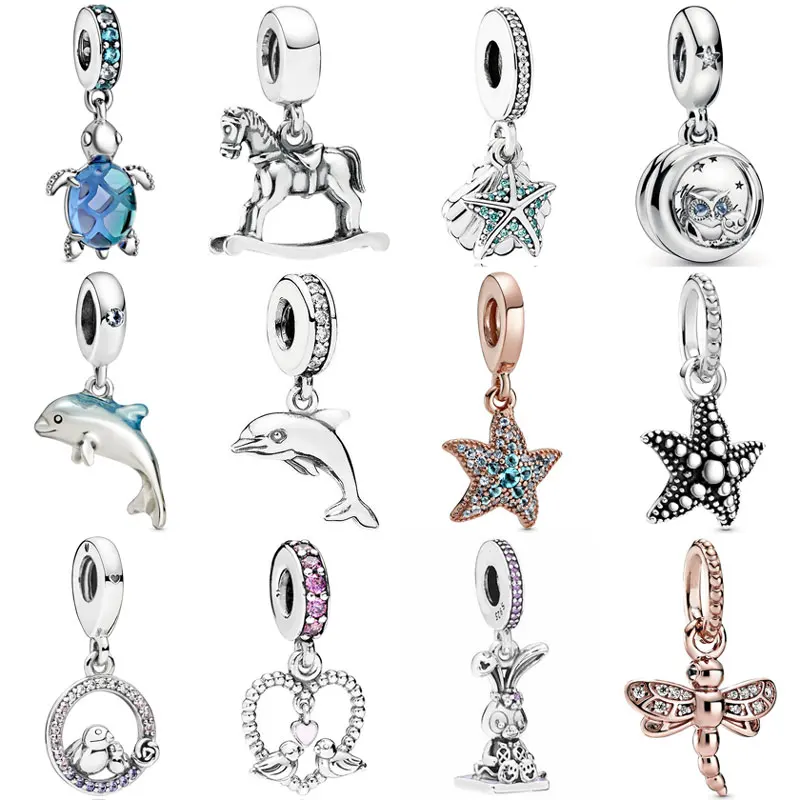 

925 Sterling Silver Murano Glass Turtle Starfish and Dolphin Pendant Charm Jewelry for Original Pandora Fashion Women Bracelet B