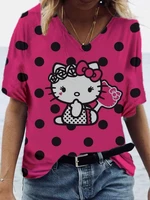ladies hello kitty t shirt cute casual loose striped v neck t shirt summer t shirt short sleeve t shirt