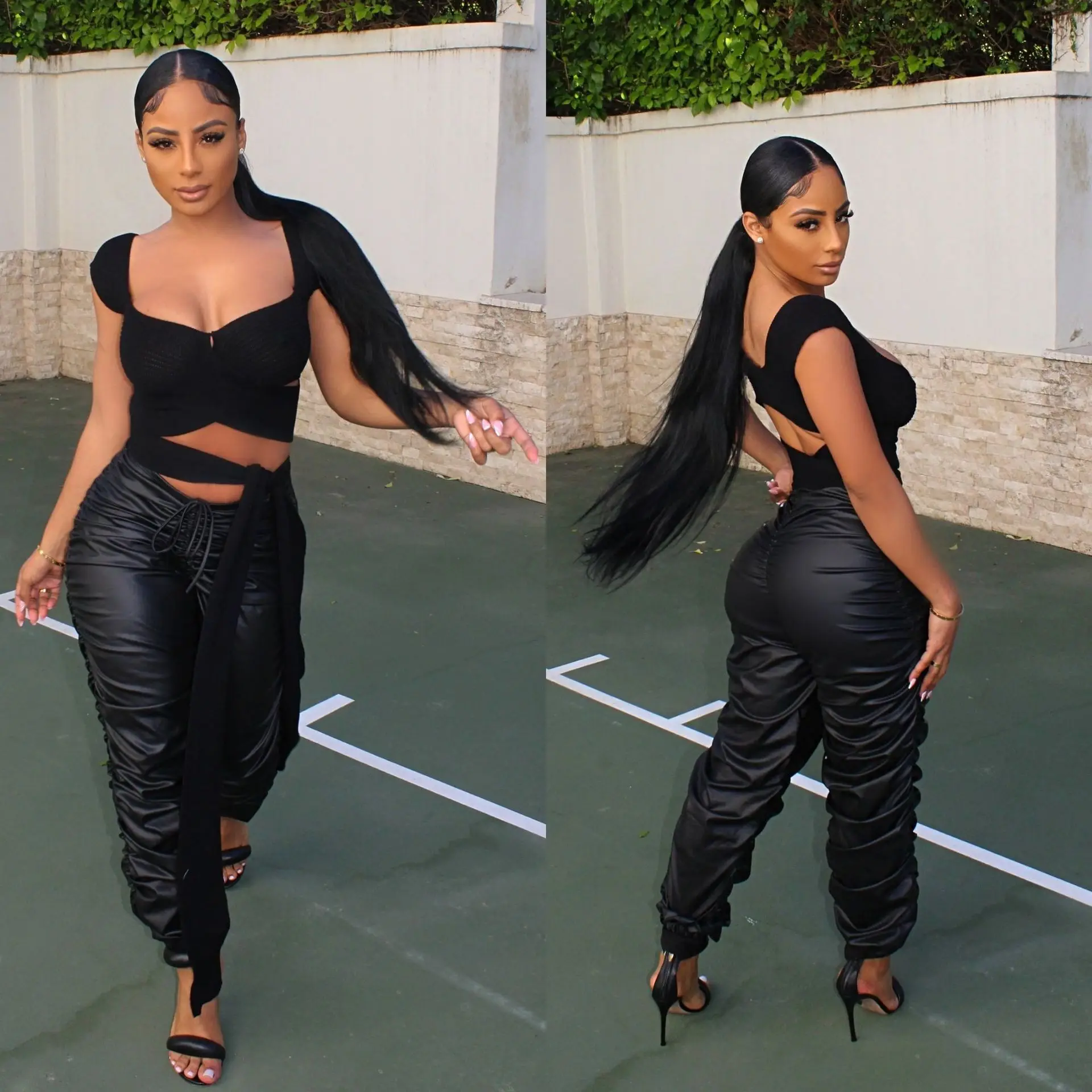 

Пикантные модные плиссированные бандажные женские брюки-карандаш с завышенной талией из искусственной кожи, длинные однотонные Новые облегающие Клубные Повседневные брюки