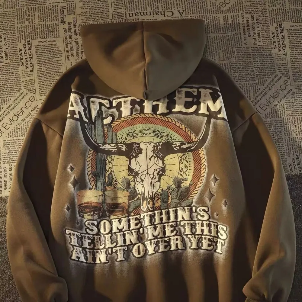 

Толстовка мужская свободного кроя с капюшоном, модная худи с принтом рога и букв в ретро, Свитшот из чистого хлопка оверсайз, уличная одежда Goth Y2K, зима