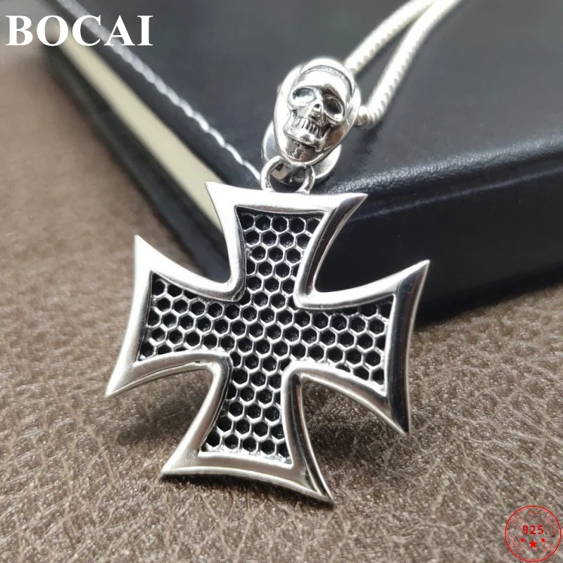 

Модные подвески BOCAI 2021 из серебра S925 пробы, простые геометрические Подвески с черепом и крестом, серебристый амулет, ювелирные изделия