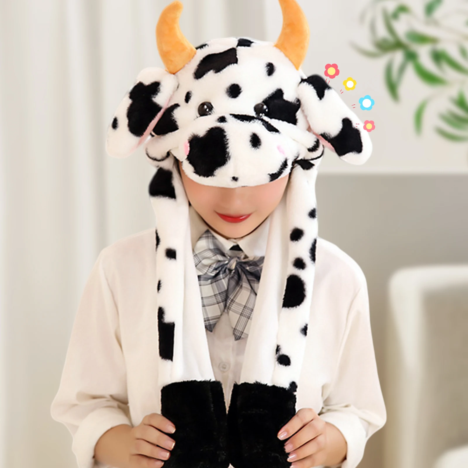 

Cute Rabbit Ears Hat Mobile Airbag Cow Soft Hopping Cap Funny Toy Girls Cartoon Kawaii Plush Hat Toys Gift for Adult Kids