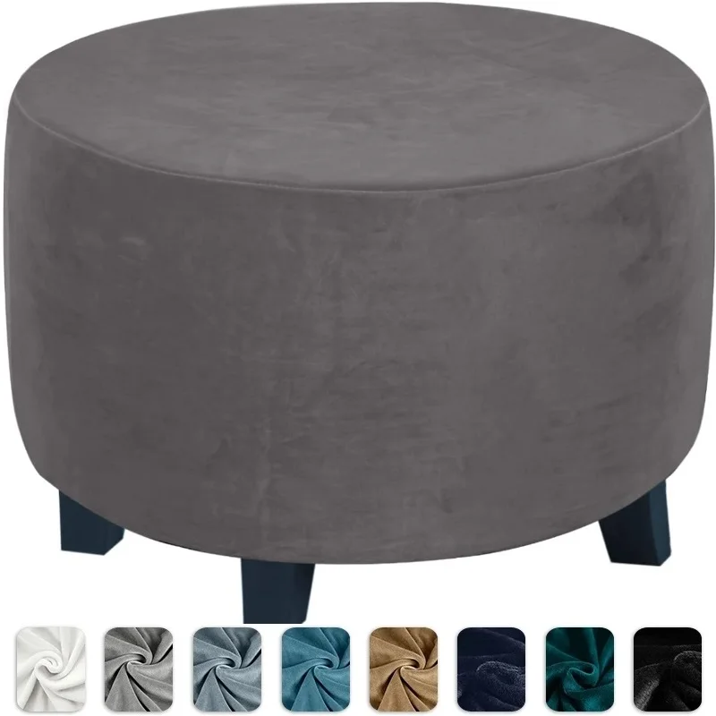 Round Ottoman Cover Super Soft Velvet Footrest Covers All-inclusive Ottoman Stool Case Elastic Slipcovers Living Room Bedroom