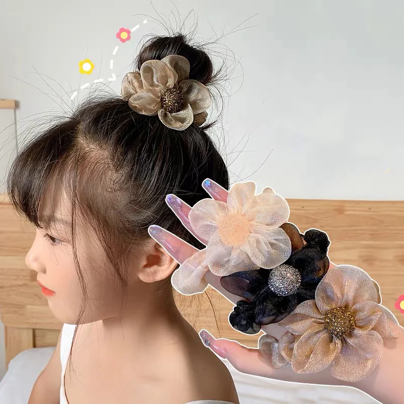 

2Pcs/Lot Fashion Women Hair Accessories Mesh Fabrics Elastic Rubber Bands Rhinestone Crystal Sunflower Romantic Girls Headdress