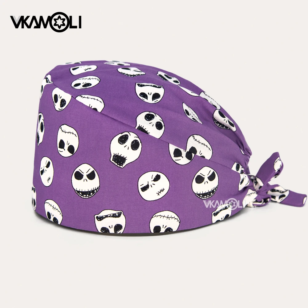 purple skull printed surgical hats For Women and Men scrub hat veterinaria nursing scrub caps gorros medicos dibujos animados