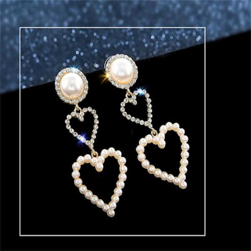 

925 Silver Needle Earrings Female Love Imitation Pearl Rhinestone Long Bridal Earrings Korean Net Red Fashion Temperament Earrin