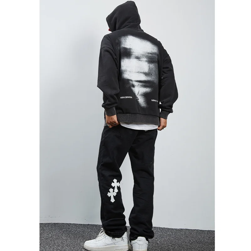 Streetwear Men New Vintage Cross Leather Patch Recreational Black Jeans Loose Straight Cylinder Broad Leg Trousers Autumn Women