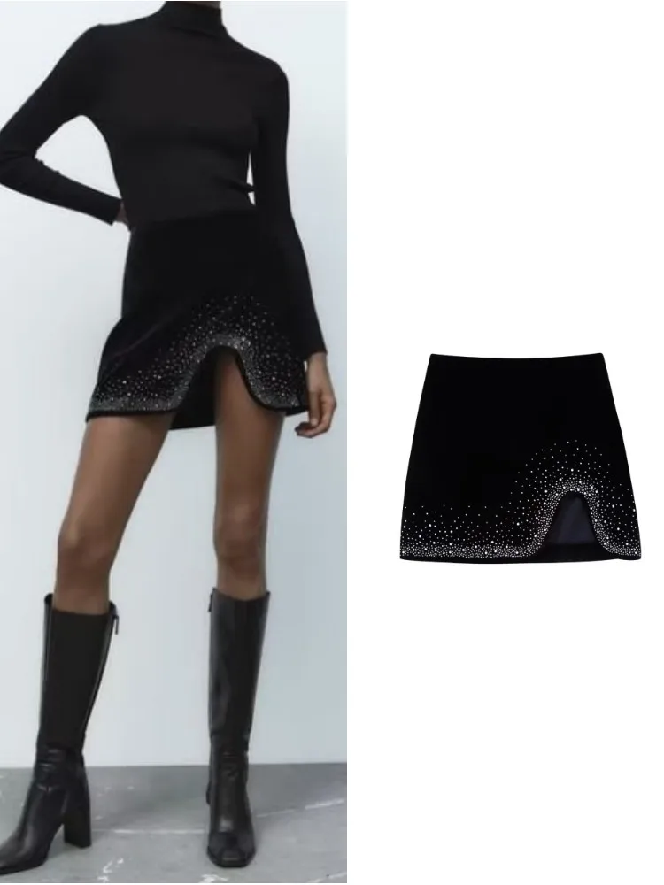 

RDMQ Women Fashion Spring Autumn New Black Velvet A- Line Mini Skirt Chic Female Opening Design High Waist Short Skirts Mujer
