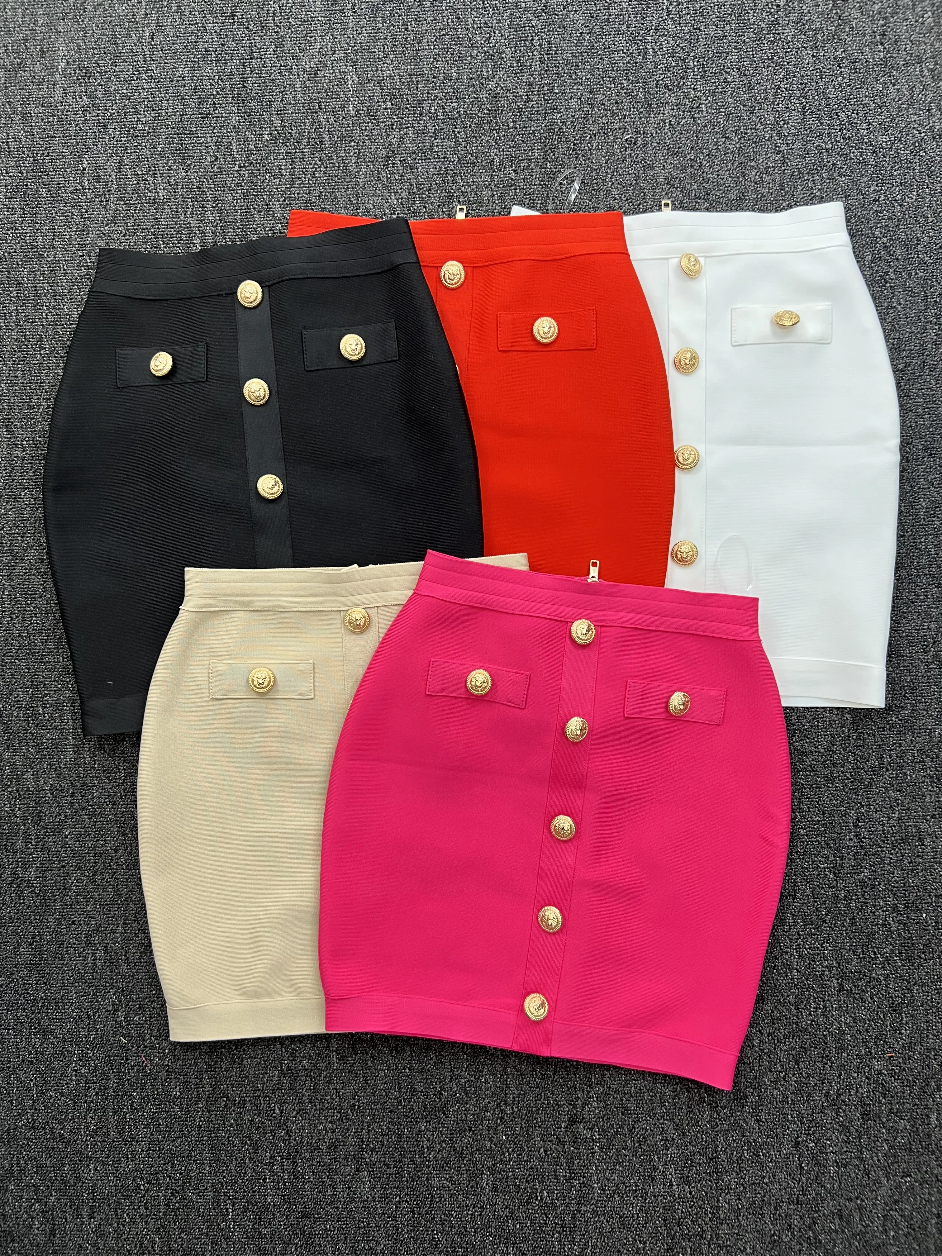 

Top Quality Elastic Bodycon Bandage Skirts For Women High Waist Gold Buttons Above Knee Pencil Skirts Ladies Office Skirt
