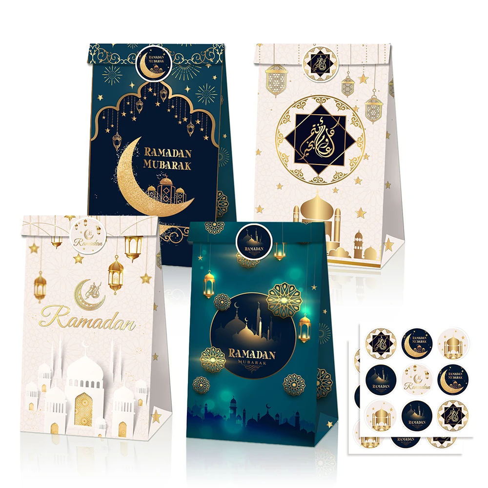 LB156 12pcs Gold Muslim Eid Mubarak Party Paper Gift Bag Biscuit Kraft Paper Pack Traditional Ramadan Festival Party Decorations