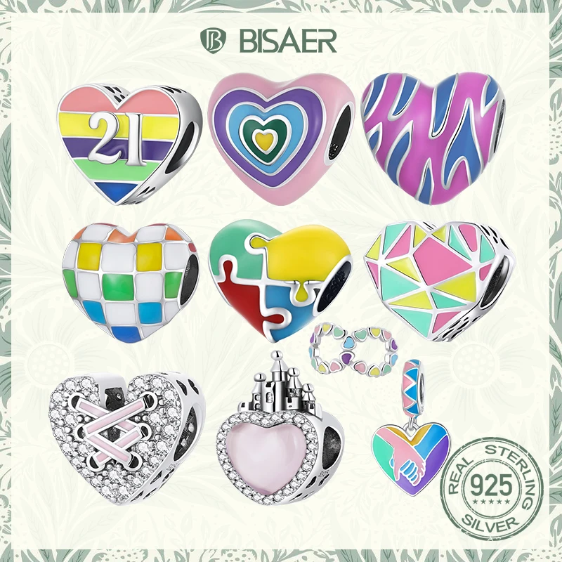 BISAER Heart Charm 925 Sterling Silver Colorful Love Mom Pendant Charms For Women DIY Original Bracelets Fine Jewelry Gift