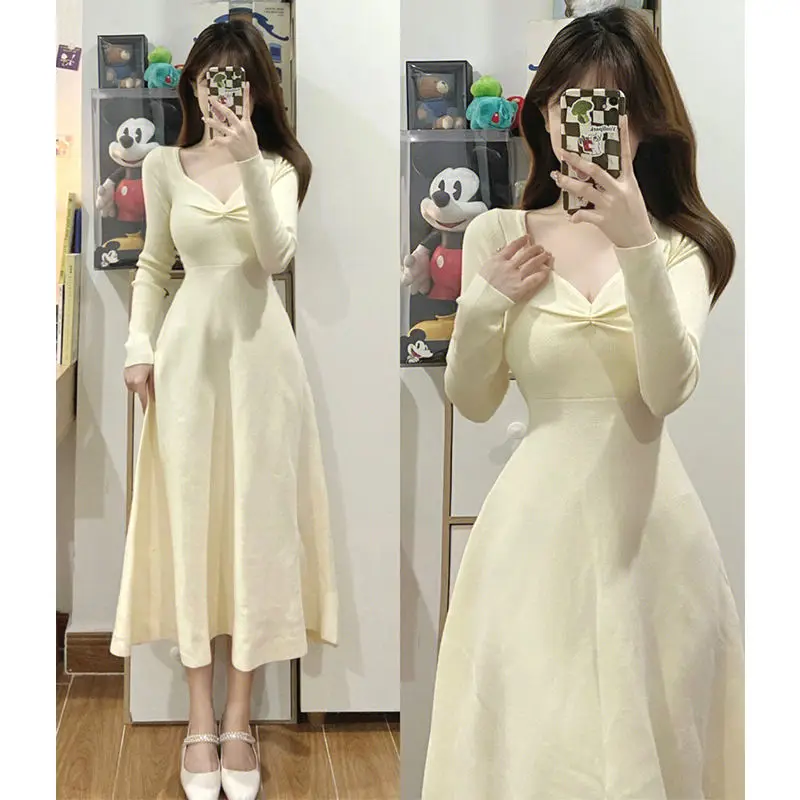 

Женское винтажное платье с длинным рукавом, плиссированное платье с V-образным вырезом, во французском стиле, осень и зима 2022