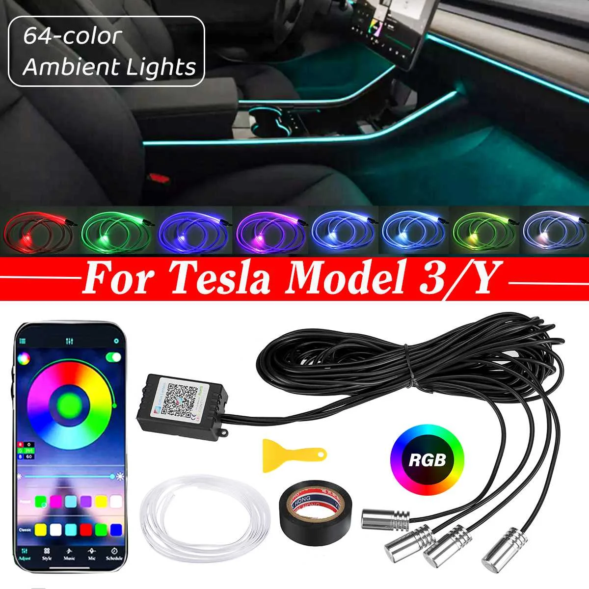 

LED Car Neon Lights Center Console Dashboard Light Decorative Lamps Lighting APP Interior Strip Light for Tesla Model 3 Y