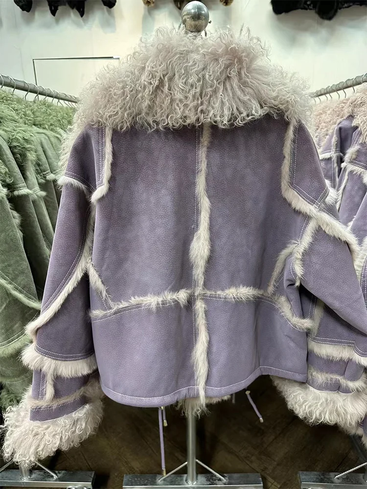 Женское короткое пальто с воротником из овечьей шерсти подкладкой натурального