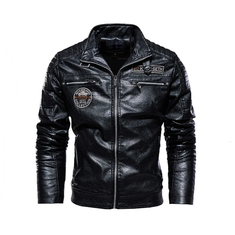 

New Autumn Mens Leather Jackets Stand Collar Casual Motorcycle PU Coats Winter Thick Leather Jacket Men Embroidery Windbreaker