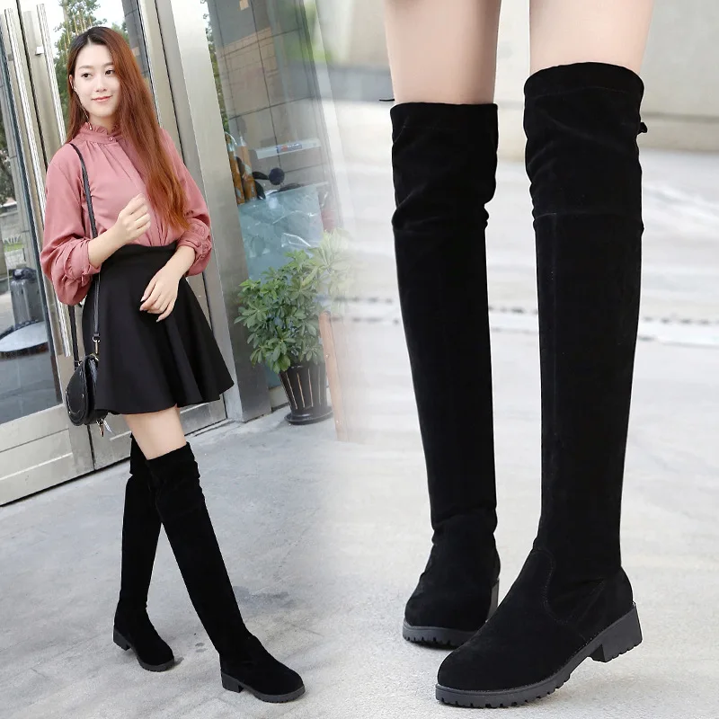 

Plus Size 41 Women Long Boots Suede 4cm High Heels Winter Warm Shoe Thick Platform Cotton-lining Party Shoes Over-the-Knee Boots