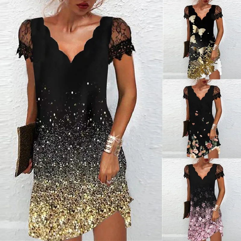 2023 Women's New Positioning Print Wave V-neck Lace Short Sleeve Dress