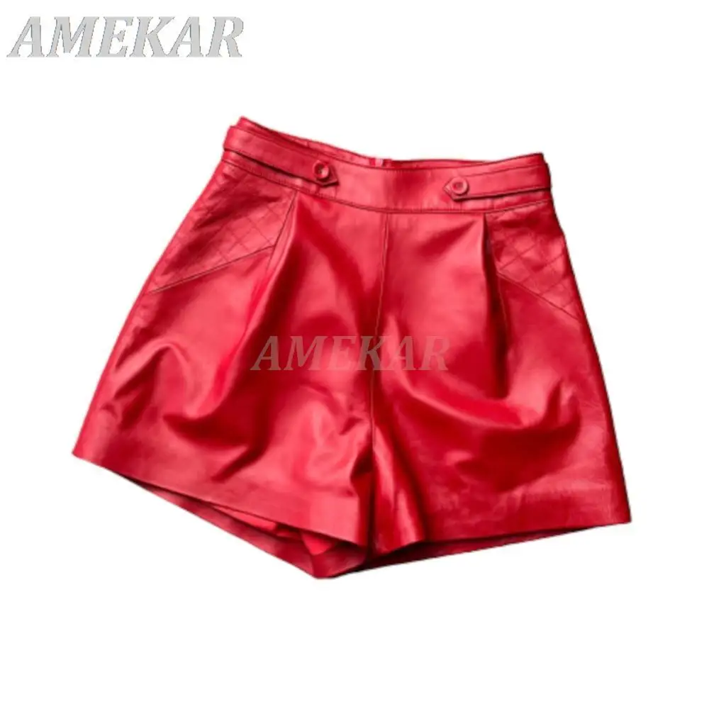 New Designer Genuine Leather Wide Leg Shorts For Women Blue Personality Side Plaid Embroidery Short Pant Lady Pantalones Cortos